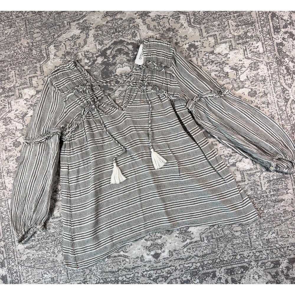 Derek Lam 10 Crosby Cross Tassel Striped Blouse Lightweight Gauzy White Gray 0